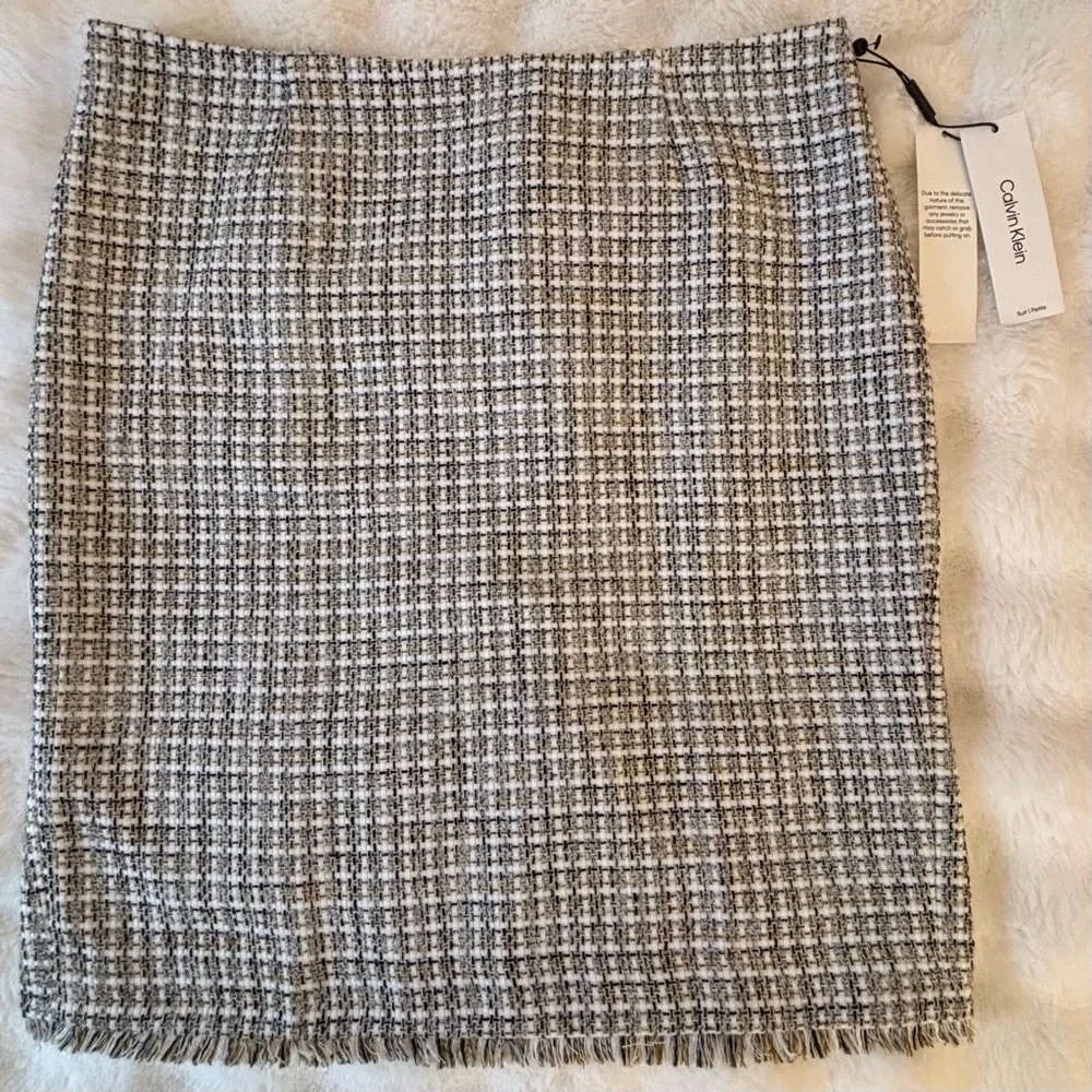 Calvin Klein Skirt Boucle Knit Zipper Fringe Pencil Black Cream Gold 14P NWT